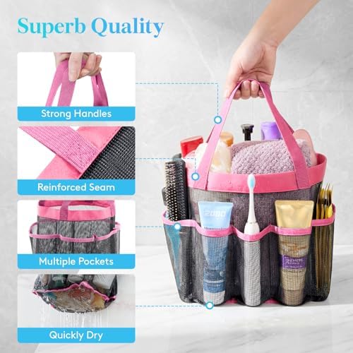 Lifewit Mesh Shower Caddy Portable for College Dorm Room Essentials with 7 Pockets, Freestanding Hanging Organizer Basket, Quick Dry Tote Bag for Camping, Bathroom, Beach, Travel, 1 Pack, Pink