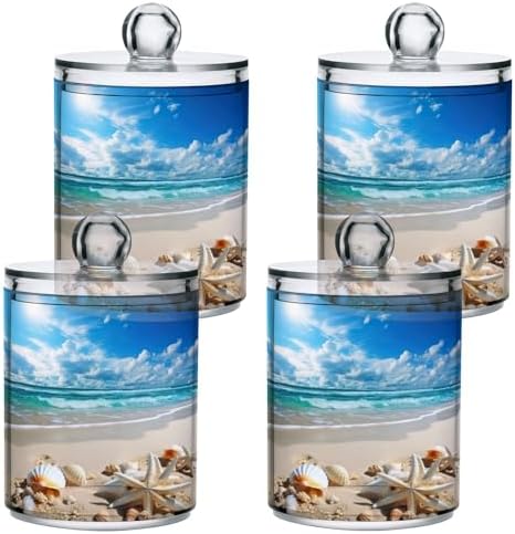 Beautiful Beach Scene Qtip Holder 2 Pack - 10 Oz Clear Plastic Apothecary Jar Set for Bathroom Organization - Versatile Canister Storage for Cotton Balls, Swabs, Rounds