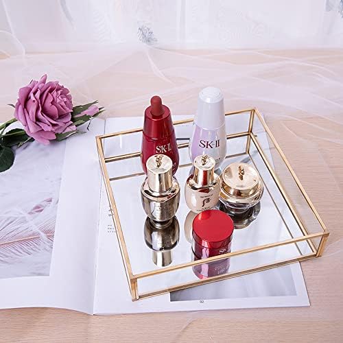 Sooyee Gold Rectangle Mirror Tray, Metal and Glass Fragrance Tray, 12"x8"