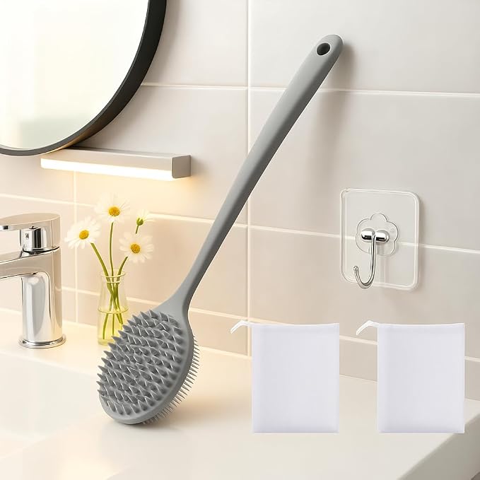 Silicone Body Scrubber for Shower Men Women – Dual-Sided Exfoliating & Massage Shower Brush with Long Handle, Creates Rich Lather, Includes 1 Hook & 2 Lather Balls (Gray).