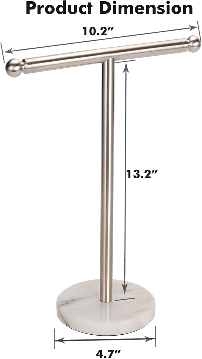 Kalitro Towel Rack with Heavy Marble Base, Free Standing Hand Towel Holder Stand for Bathroom Stainless Steel T-Shape Brushed Nickel