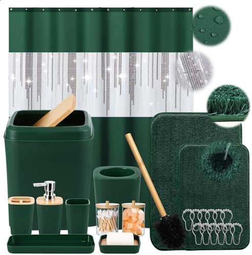 XLHOMO Dark Green Bathroom Sets with Shower Curtain and Rugs,Bathroom Sets Shower Curtain Set with Extra Soft and Absorbent Bathroom Rugs Green Bathroom Accessories