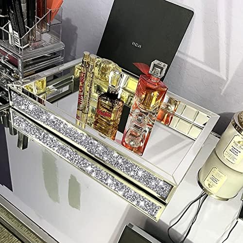 Wocred Mirror Jewelry Organizer fits Dresser Bedroom,Crushed Diamond Bathroom Tray with Handles,Perfume Tray,Decorative Serving Tray for Coffee Table Decor(11”x15”x2”)