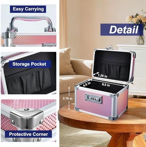 Medicine Lock Box with 3-Digit Combination Lock – Pink Lockable Storage Box for Medication, Small Lock Box for Valuables, 7" Locking Medicine Box, Lock Box for Home Travel Dorm