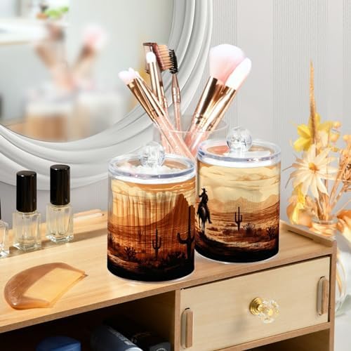 4 Pack Apothecary Jars Bathroom Vintage Western Cowboy Qtip Holder Dispenser Clear Plastic Storage Canister Jar with Lid for Cotton Ball, Cotton Swab