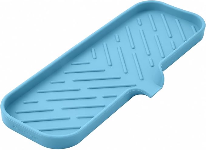 MicoYang Silicone Soap Dish with Drain Spout — Self-Draining Double Sink Organizer Tray for Kitchen & Bath, Dispensers, Sponges & Soap Holder, Non-Slip & Dishwasher Safe, Light Blue (Large, 12"×4")