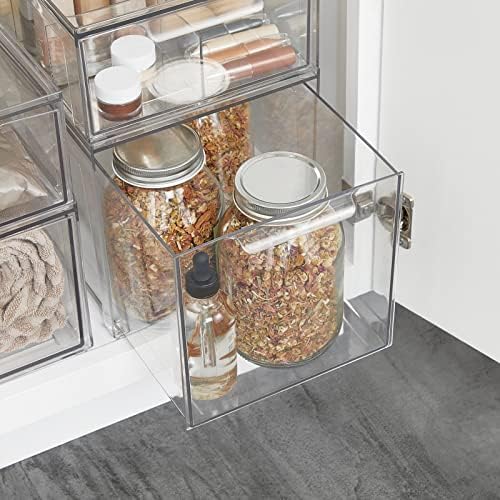 mDesign Plastic Stackable Bathroom Storage with Pull Out Bin Organizer Drawer for Cabinet, Vanity, Shelf, Cupboard, Cabinet, or Closet Organization - Lumiere Collection - 4 Pack - Clear
