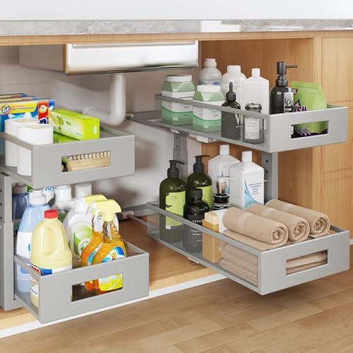 2 Packs 17IN Depth Under Sink Organizer, 2-Tier Pull Out Cabinet Organizer With Smooth Circular Rail, Large Capacity Metal Mesh Sliding Drawers For Bathroom& Kitchen Storage,Height Adjustable–Gun Gray