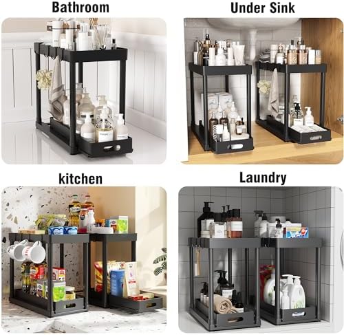 2PC Under Sink Organizer Rack 2 Tier Under Sliding Cabinet Basket Organizer Drawer with 4 Hooks, Multi-purpose Under Sink Storage for Bathroom Kitchen Desktop（Black）