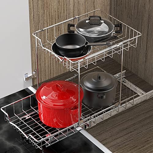 Simple Houseware 2-Tier (L+L) Pull Out Under Cabinet Sliding Shelf, Chrome