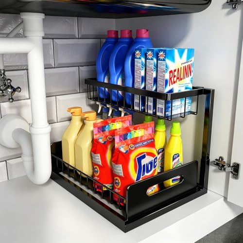 REALINN Under Sink Organizer, L-Shaped Pull Out Cabinet Organizer, Kitchen