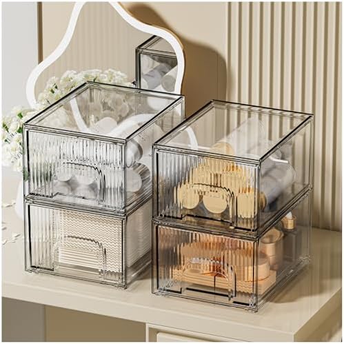 ZHIAI 4 Pack Clear Stackable Storage Drawer, Acrylic Drawer, Cosmetic Organizer, Plastic Organizer for Dresser, Under, Kitchen Cabinet, Pantry, Home Organization and Storage