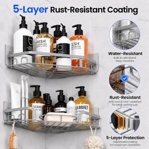 Corner Shower Caddy, Rustproof Shower Organizer with Soap Holder and 8 Hooks, No Drilling Adhesive Shower Shelves for Inside Shower, Large Capacity Shower Rack for Bathroom Shower Storage, Sliver