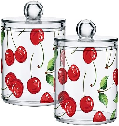 Cherry Fruits Canisters with Lids for Bathroom Vanity, Clear Plastic Jars Set of 2, for Cotton Balls, Cotton Pads, Qtips 4.13 x 2.75 in