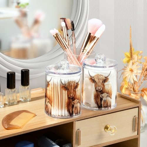 4 Pack Qtip Holder Dispenser with Lids, Highland Cow Plastic Storage Containers,Bathroom Canisters Organizer for Cotton Ball, Cotton Swab, Cotton Round Pads, Floss 21216458