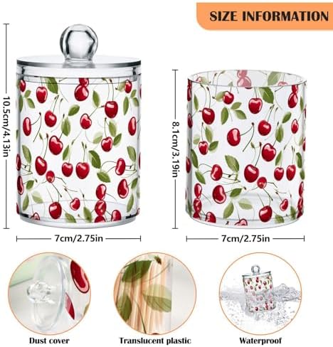 ALAZA 2 Pack Qtip Holder Red Cherry Print, Cotton Swab Dispenser with Lid Bathroom Containers Canister Organizer Storage Jar