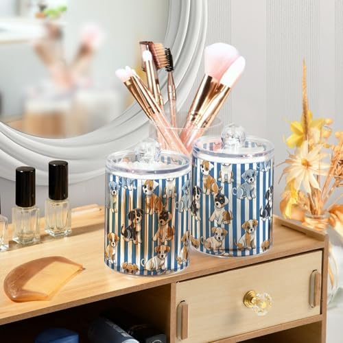 2 Pack Qtip Holder Organizer Dispenser Cute Puppies Blue White Stripes Bathroom Storage Canister Cotton Ball Holder Container for Cotton Pads/Swabs/Floss