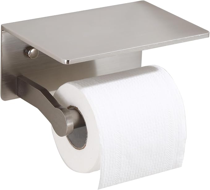 Toilet Paper Holder with Shelf - Toilet Tissue Holder with Cell Phone Shelf for Bathroom - Toilet Paper Roll Holder with Wipes Storage, Wall Mounted by Adhesive Tape or Screw - Brushed Nickel