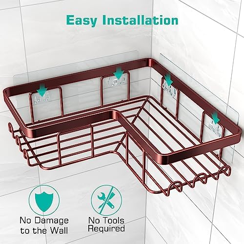 YASONIC Corner Shower Caddy, 3-Pack Adhesive Shower Caddy with Soap Holder and 12 Hooks, Rustproof Stainless Steel, No Drilling Wall Mounted Rack Organizer, for Bathroom, Bronze