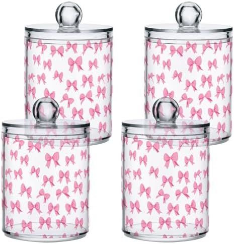 ALAZA 4pcs Cute Bow White Qtip Holder Dispenser 14 oz Bathroom Storage Clear Apothecary Jars Containers Cotton Ball,Cotton Rounds,Floss Picks, Hair Clips, Food