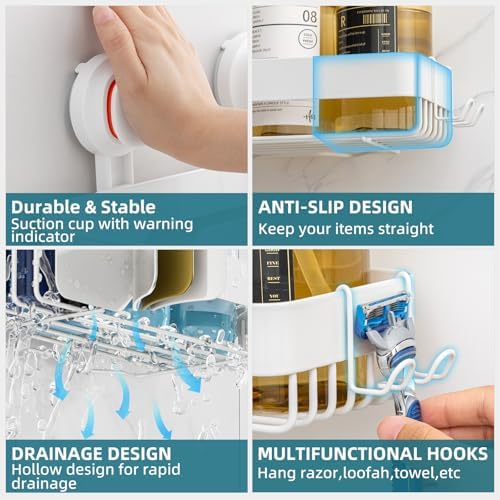 TAILI Shower Caddy Suction Cup Rustproof Metal Visible indicator White