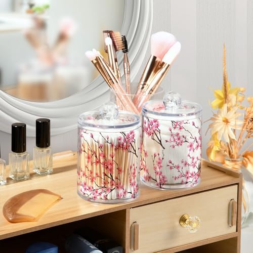 DOMIKING Cherry Blossom Branch White 2 Pack Cotton Swab Holder Dispenser Plastic Jar Bathroom Storage Canister Acrylic Containers for Cotton Ball Floss Picks Hair Clips