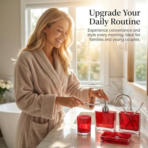 Bathroom Accessories Set, Acrylic Bathroom Accessory Set with Soap Dispenser,Soap Dish, Toothbrush Holder, Tumbler, Modern Bathroom Accessories Decor,Gift for Home (Red-5)