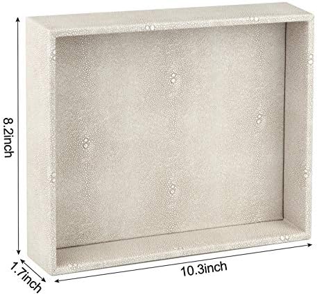 HofferRuffer Elegant Desktop Organizer, Vanity Tray, Bathroom Storage Tray Holder, Dresser Jewelry Tray, Change Coin Key Watch Catchall Tray, 10.2 x 8.4 x 1.8 inches (Light Grey Faux Leather Shagreen)