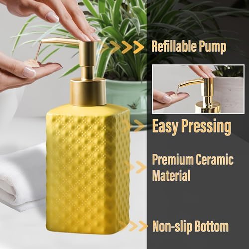 Jessie Bathroom Accessories Set, 3 or 4-Piece Ceramic Bathroom Accessory Set,Soap Dispenser,Toothbrush Holders Set,Tumbler,Soap Dish Embossed Matte Bathroom for Modern Bathrooms (Yellow 3-Piece Suit)