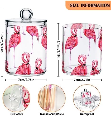 2 Pack Apothecary Jars Bathroom Pink Flamingo Qtip Holder Storage Canister Clear Plastic Jar with Lid for Cotton Ball, Cotton Swab