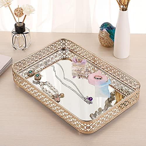ELLDOO Gold Mirror Glass Perfume & Makeup Vanity Tray, Medium Size