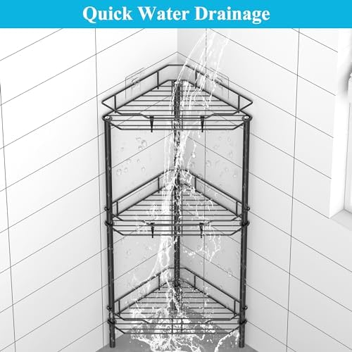 HuggieGems Metal Floor Standing Corner Shower Caddy, Black, 3 Tier