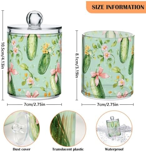 Gredecor 2 Pack Qtip Holder Clear Pink Bow Green Pickle Cucumber Apothecary Jars with Lids Acrylic Bathroom Jars Vanity Countertop Canister Storage Organizer for Cotton Ball,Swabs,Pads,Floss