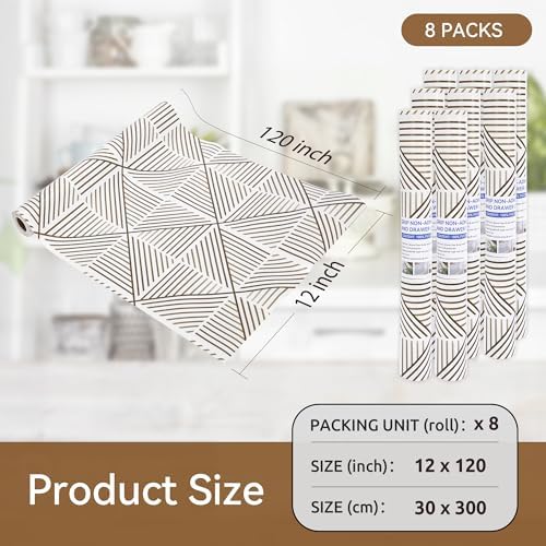 FIFTY FEET 12"x120" Non-Adhesive Shelf Liner for Kitchen Cabinets and Drawers, Washable Non-Slip PVC Cabinet Liner (Brown Modern)(8 Roll)