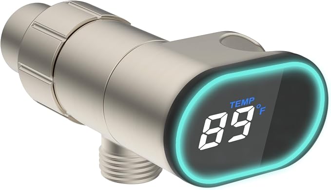Hibbent Upgraded Metal Shower Head Holder with LED Display Shower Thermometer, Adjustable Shower Arm Mount for Handheld Shower Head, Universal Shower Head Bracket, Solid Brass Ball, Brushed Nickel