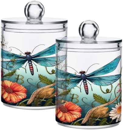 2 Pack Qtip Holder Dispenser with Lids, Dragonfly Flowers Floral Plastic Storage Containers,Bathroom Canisters Organizer for Cotton Ball, Cottons Swab, Cotton Round Pads, Floss 21214450