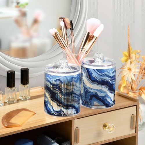 MNSRUU 2 Pack Qtip Holder Organizer Dispenser Blue Marbling Bathroom Storage Canister Cotton Ball Holder Bathroom Containers for Cotton Swabs/Pads/Floss