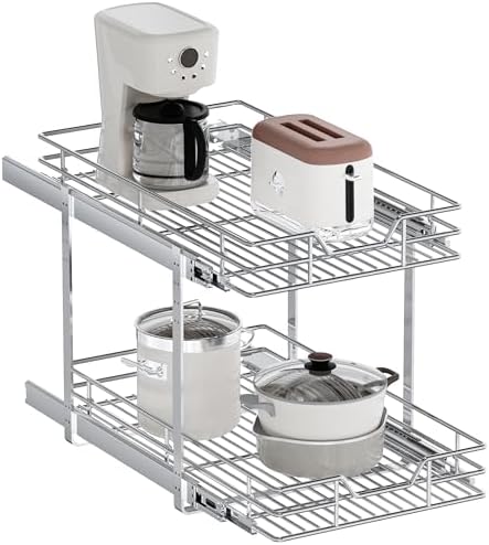 2-Tier Pull Out Cabinet Organizer, 15.5" W x 21.5" D, Heavy Duty Dual Slide Out Shelves for Base Cabinets, Chrome Wire Basket Drawer for Pantry, Kitchen & Bathroom Storage
