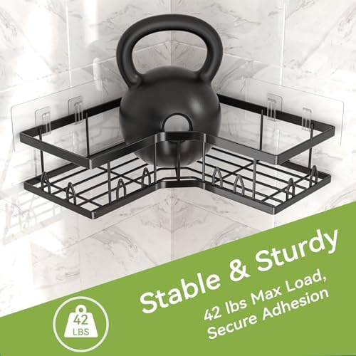Shower Shelf Corner, Adhesive Shower Caddy Rustproof, Shower Shelves Corner with Soap Holder, No Drilling Shower Corner Organizer for Dorm, Renters Bathroom, Black, 3 Pack