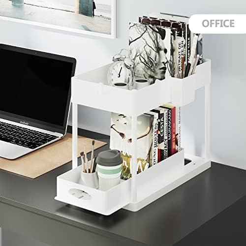 Under Sink Organizers and Storage | Bathroom Cabinet Organizer, Sink Shelf with Utility Hooks and Side Caddy for Under Cabinet Storage | White (1-Pack) Under Kitchen Sink Organizer with Sliding Drawer