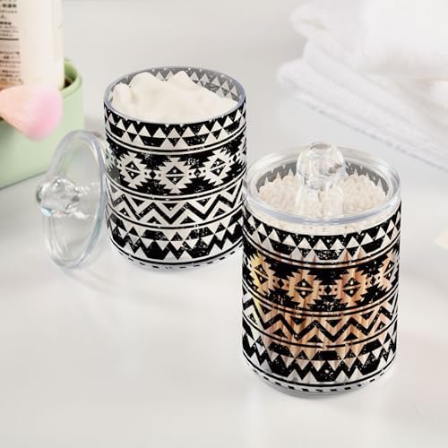 Aztec Tribe Pattern Black Stripe 4 Pack Plastic Qtips Holder Bathroom Organizer Canisters for Cotton Balls/Swabs/Pads/Floss,Plastic Apothecary Jars for Vanity