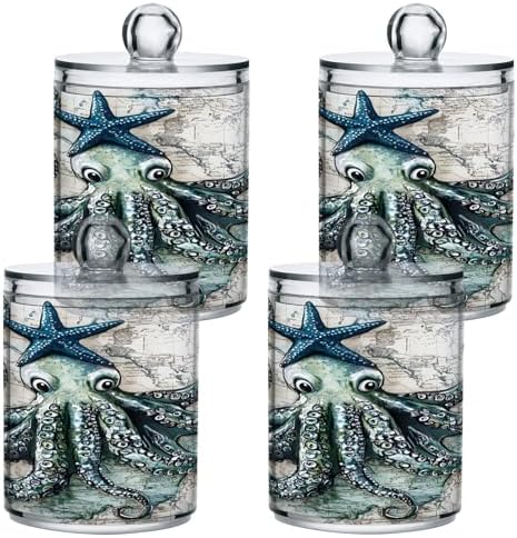 ALAZA Compass Kraken Starfish World Map 4 Pack Qtip Holder Dispenser for Cotton Swabs, Balls, Pads, Floss 10 oz Plastic Canister Organizer