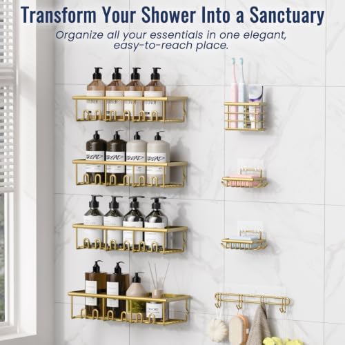8 Pack Adhesive Large Capacity No-Drilling Shower Caddy, Gold
