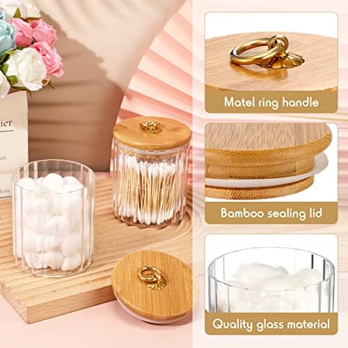Irenare 2 Pack Glass Jars with Bamboo Lids, Bathroom Cotton Ball Holder