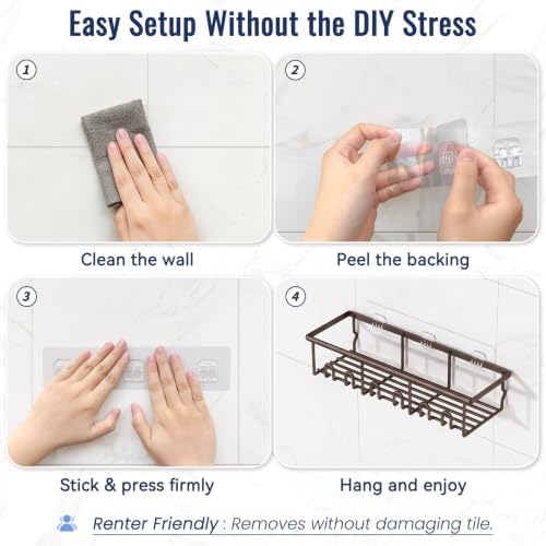 8 Pack Adhesive Rustproof Shower Caddy with Soap Dishes, Toothbrush Holder & Hooks, Large Capacity No-Drilling Shower Shelves Rack for Bathroom Organizers and Storage Accessories, Brown