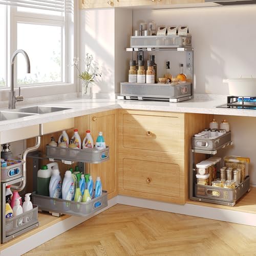 1 Pack 15.7IN-Depth Under Sink Organizer With Smooth Cylindrical Rail,2-Tier Pull Out Multi-Purpose Cabinet Storage for Bathroom&Kitchen,Height Adjustable,Rust-resistant Coating-Gun Gray
