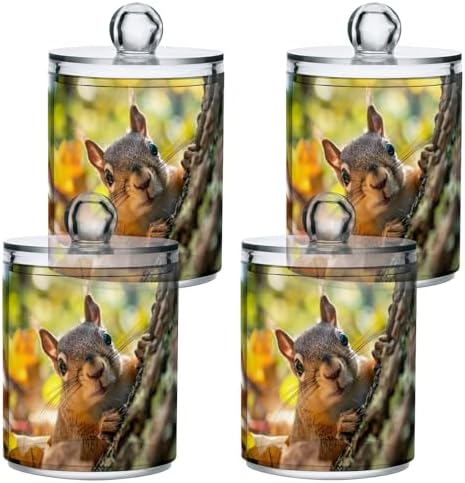 Squirrel Peeking Pattern Qtip Holder 4 Pack - 10 Oz Clear Plastic Apothecary Jar Set for Bathroom Organization - Versatile Canister Storage for Cotton Balls, Swabs, Rounds