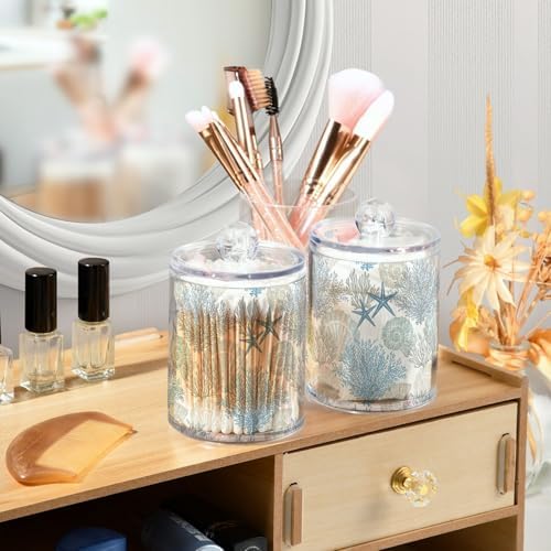 ALAZA Beach Coastal Starfish Bathroom Canister Set of 2 Seashell Coral Qtip Holder Clear Plastic Jars Holder Dispense Bathroom Organizer Storage Jars with Lids Home Decor