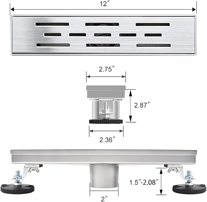 Linear Shower Drain, Shower Drain 12 inch with Bar Pattern Grate, Durable AISI 304 Stainless Steel Shower Drain, Linear Drain with Hair Strainer and Leveling Feet