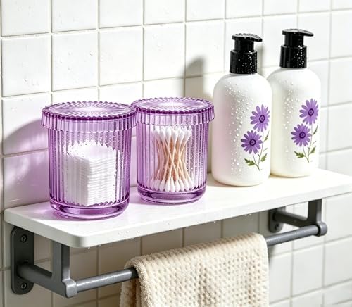 2 Pack Glass Qtip Holder Dispenser Set - Bathroom Organizer for Cotton Swabs, Balls, Pads, Floss Picks - Clear Apothecary Jars for Vanity, Makeup Storage, Bathroom Accessories Decor (Purple)